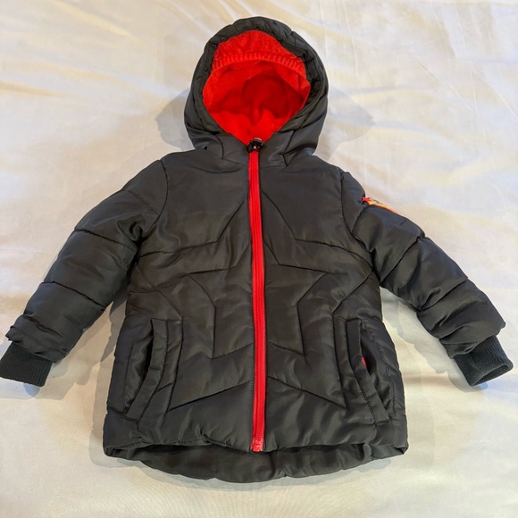 Disney Winter Coat & Mickey Stuffy, Kids Black Red Hooded Puffer Backpack Sz 2T - Picture 2 of 16